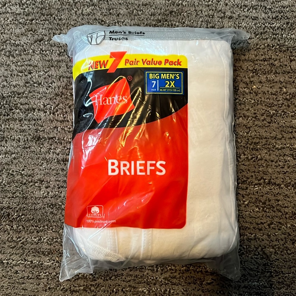 New!  Hanes Best Mens 2X Comfort Briefs w/ grey Waistband  White 100% Cotton